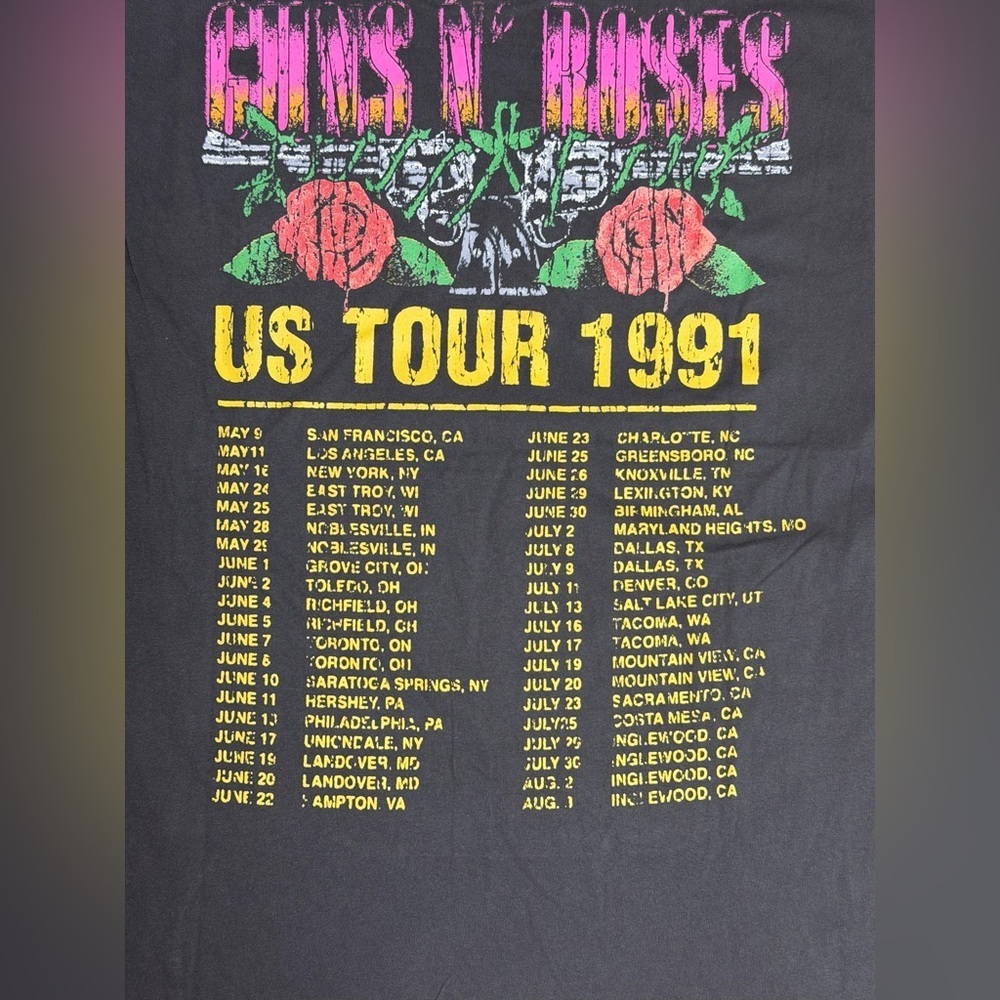 Guns N’ Roses US Tour 1991 Graphic Band Tee Shirt Size XL Black Skull Roses - Picture 4 of 5